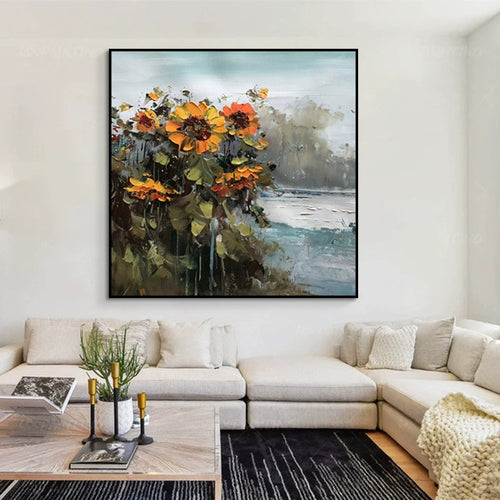Hand Painted Rural Landscape With Sunflower Flowers