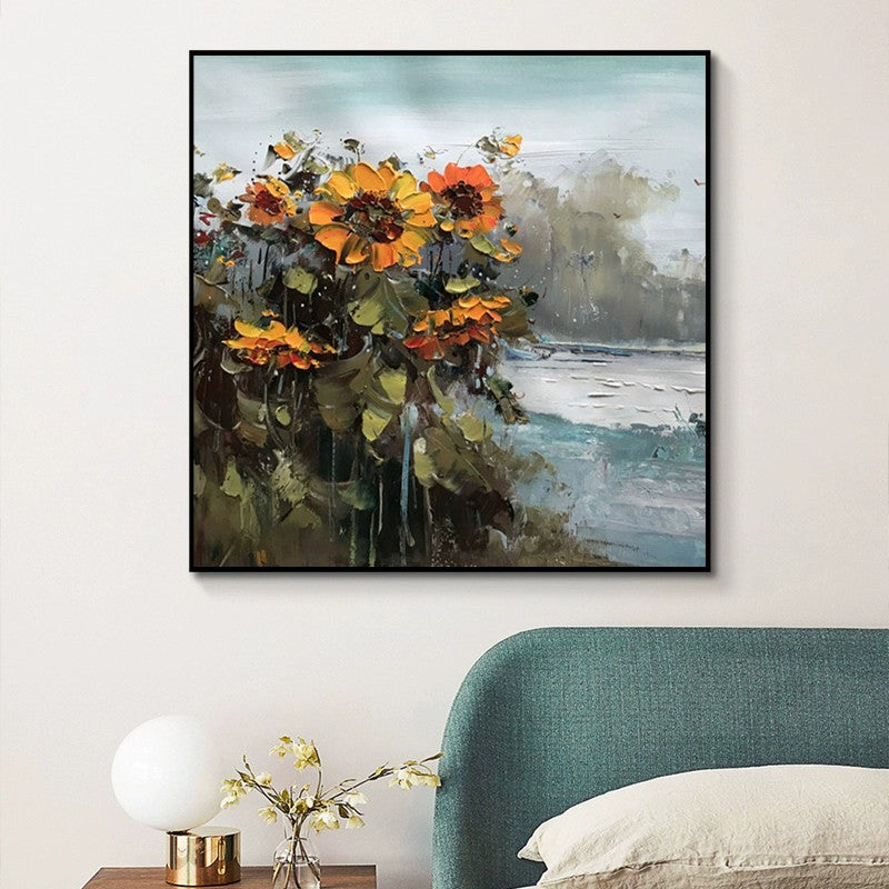 Hand Painted Rural Landscape With Sunflower Flowers