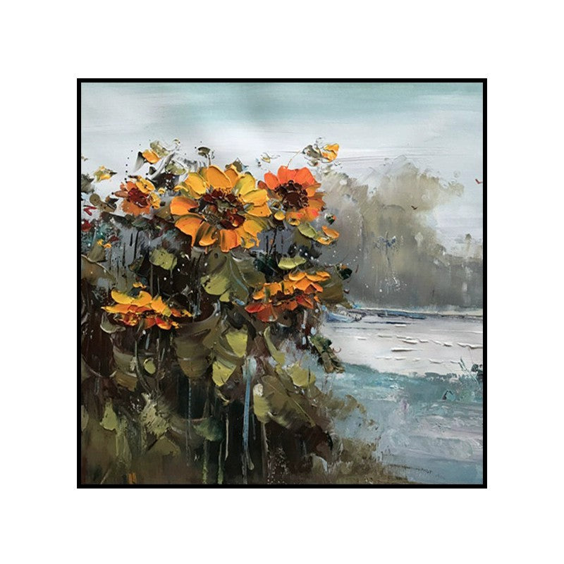Hand Painted Rural Landscape With Sunflower Flowers