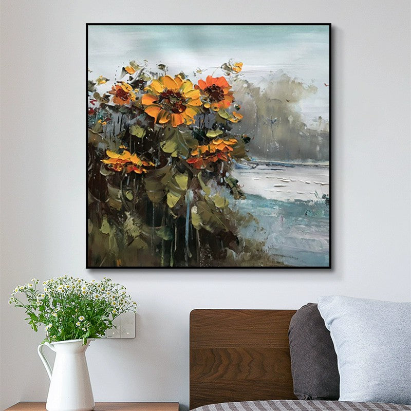 Hand Painted Rural Landscape With Sunflower Flowers