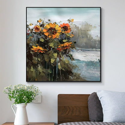 Hand Painted Rural Landscape With Sunflower Flowers