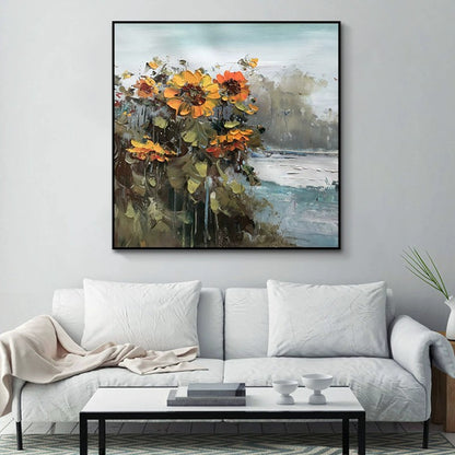 Hand Painted Rural Landscape With Sunflower Flowers